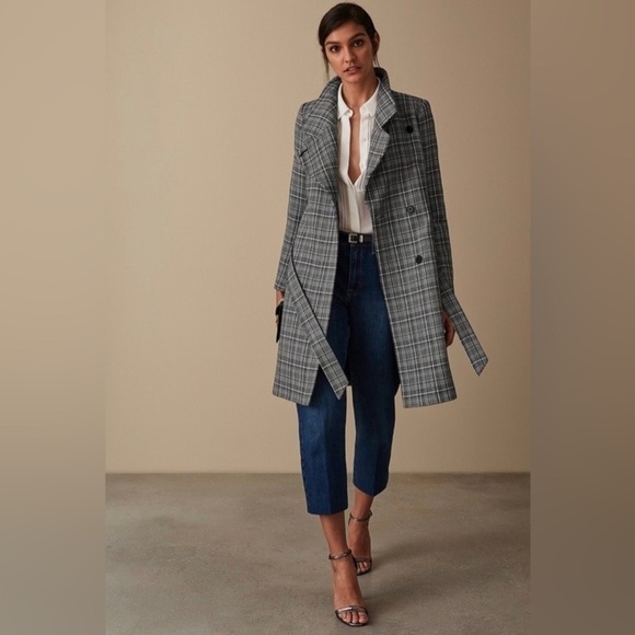 Reiss Hardie Plaid Wool Blend Coat Black White Checked 10 - Picture 3 of 13